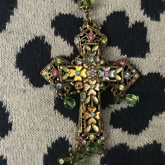 Ben Amun Brass Plate Crystal Enamel Drop Cross Pendant Necklace